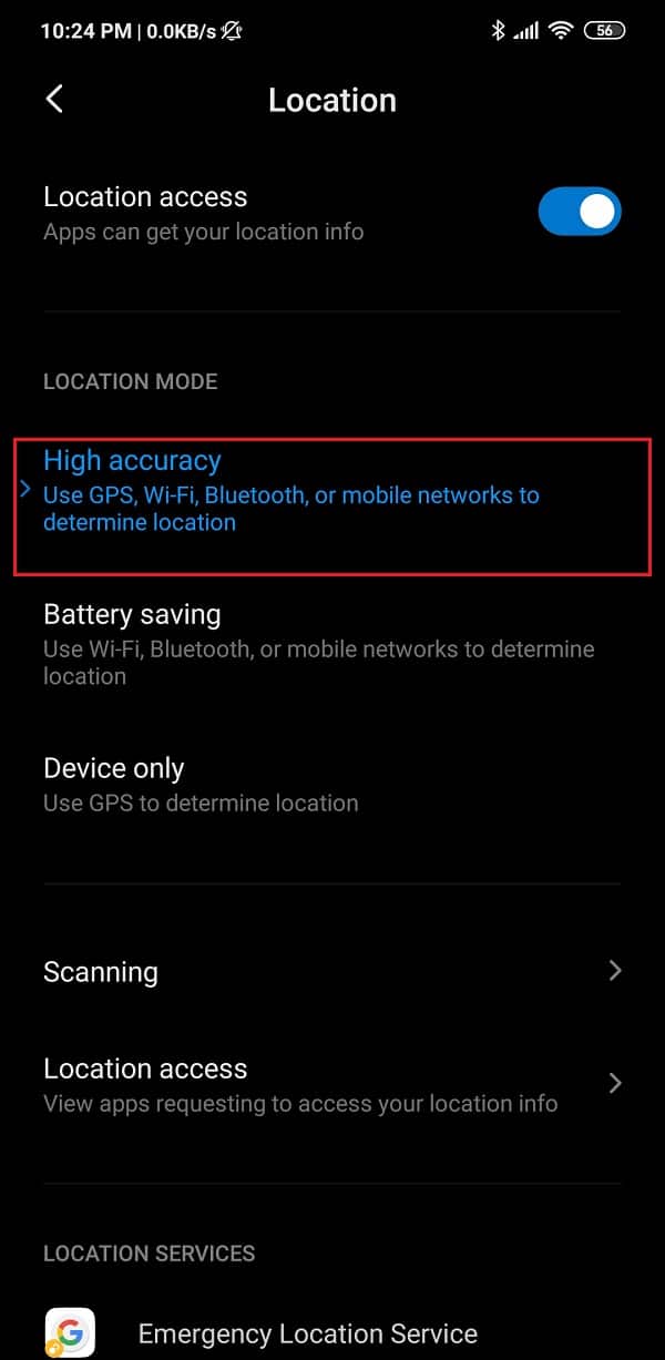 En la pestaña Modo de ubicación, seleccione la opción Alta precisión |  Cómo mejorar la precisión del GPS en Android