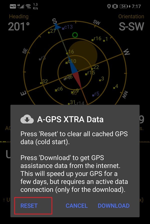Toque el botón Restablecer |  Cómo mejorar la precisión del GPS en Android