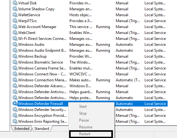 Localice el cortafuegos de Windows Defender |  Arreglar No se puede activar el Firewall de Windows