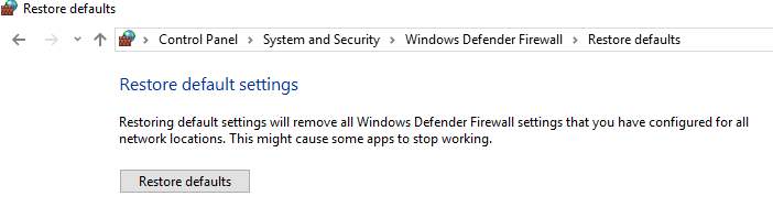 Haga clic en el botón Restaurar valores predeterminados |  Corrección No se puede activar el Firewall de Windows Defender