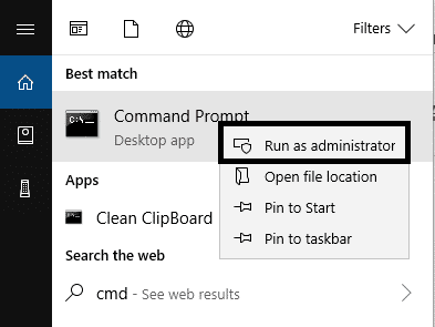 Escriba cmd en el cuadro de búsqueda de Windows y seleccione el símbolo del sistema con acceso de administrador