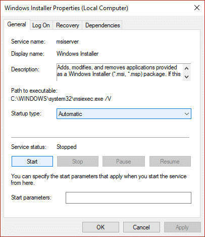 asegúrese de que el tipo de inicio de Windows Installer esté configurado en Automático y haga clic en Iniciar