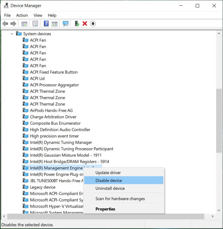 Haga clic con el botón derecho en la interfaz del motor de administración de Intel y seleccione Deshabilitar