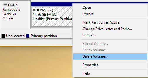 Haga clic derecho en su unidad USB y seleccione Eliminar volumen