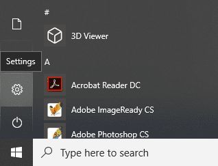 Haga clic en el ícono de Windows y luego haga clic en el ícono de ajustes en el menú para abrir Configuración