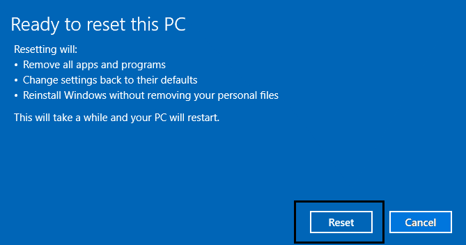 Haga clic en Restablecer para restablecer la PC