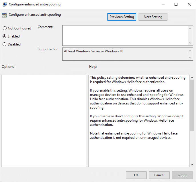 Habilite Anti-Spoofing mejorado para la autenticación facial de Windows Hello en el Editor de directivas de grupo