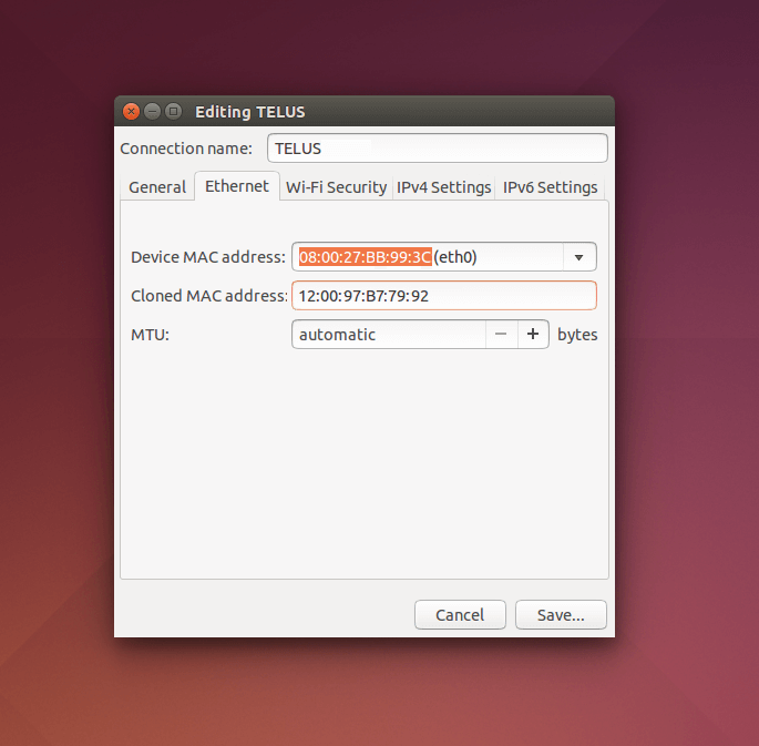 Cambie a la pestaña Ethernet, escriba una nueva dirección MAC manualmente en el campo Dirección MAC clonada