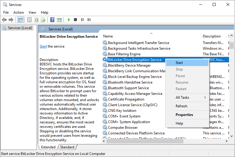 Haga clic con el botón derecho en Servicio de cifrado de unidad BitLocker y luego seleccione Iniciar