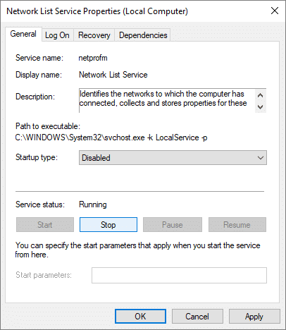Asegúrese de configurar el tipo de inicio como Deshabilitado para el Servicio de lista de red y haga clic en Detener