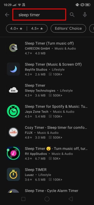 busca 'Temporizador para dormir' en Play Store |  Apagar automáticamente la música en Android