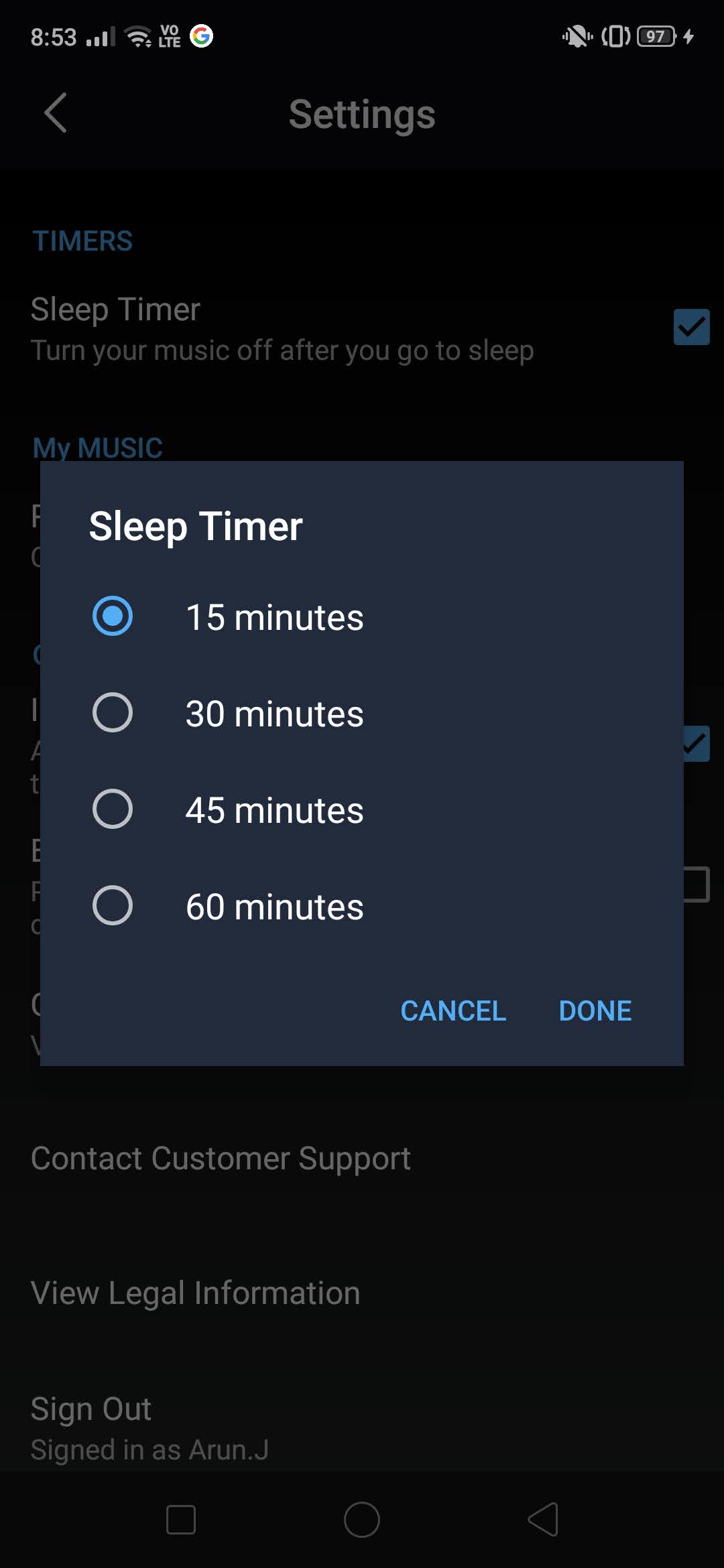 Ábralo y seleccione el intervalo de tiempo |  Apagar automáticamente la música en Android
