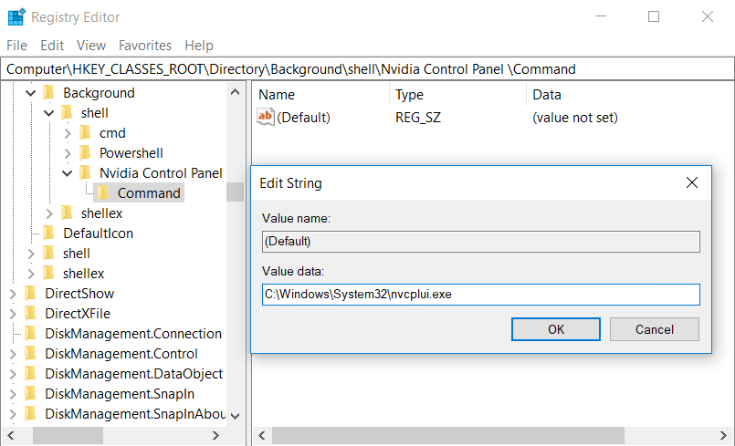 Haga doble clic en Valor predeterminado y establezca su valor en C:WindowsSystem32nvcplui.exe  