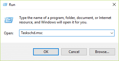 presione Windows Key + R, luego escriba Taskschd.msc y presione Enter para abrir el Programador de tareas