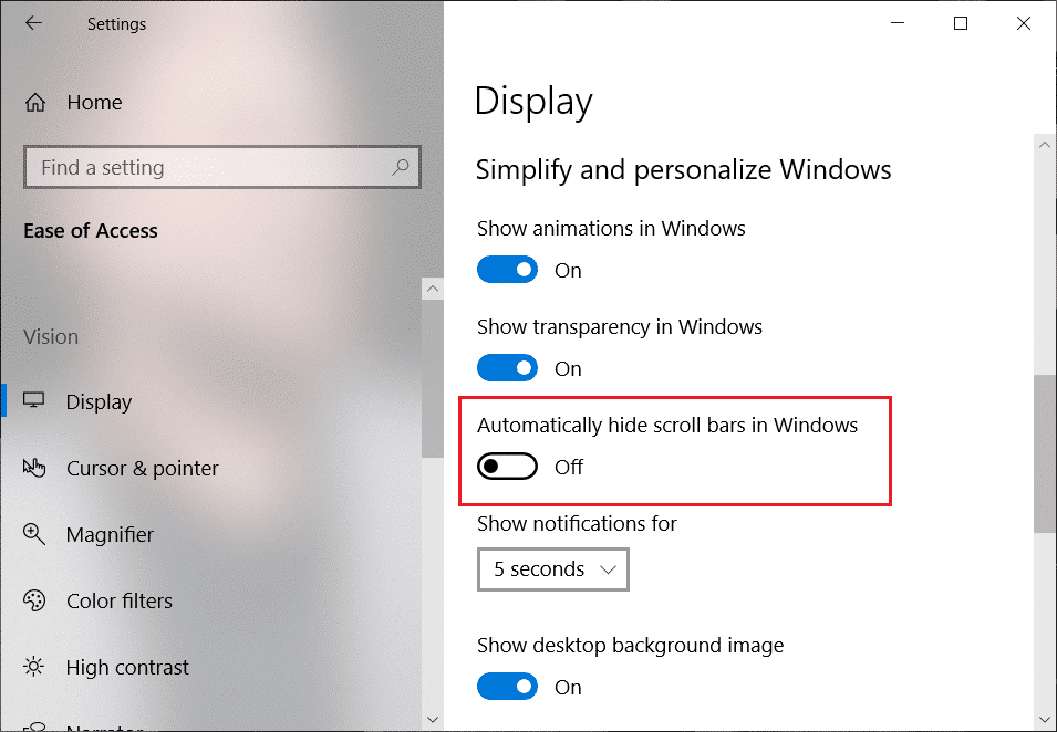 Desactive el botón debajo de Ocultar automáticamente las barras de desplazamiento en la opción de Windows