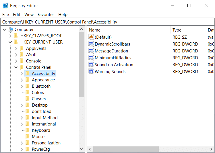 Navegue a HKEY_CURRENT_USER luego Panel de control y finalmente Accesibilidad