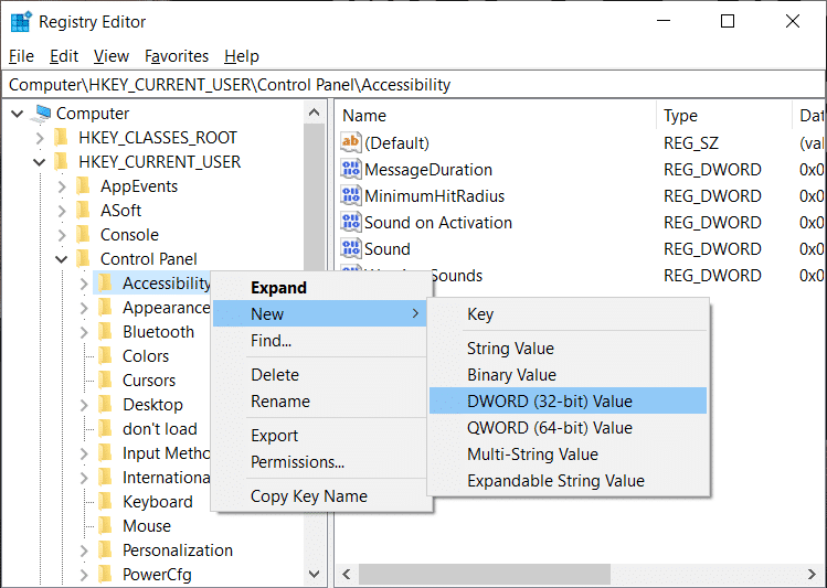 Haga clic derecho en Accesibilidad, luego seleccione Nuevo y luego Valor DWORD (32 bits)