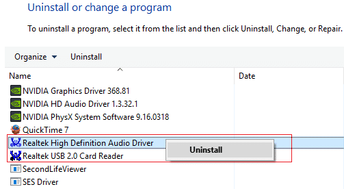 desinstale el controlador de audio de alta definición realtek