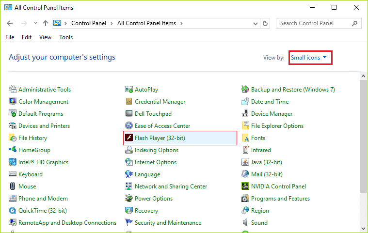 En el menú desplegable Ver por, seleccione Iconos pequeños y luego haga clic en Flash Player (32 bits)