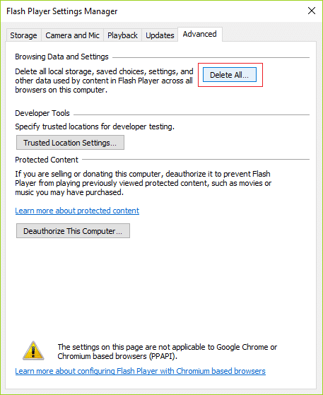 En la configuración del reproductor flash, cambie a avanzado y luego haga clic en Eliminar todo en Configuración y datos de navegación