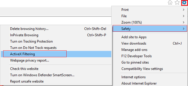 Haga clic en el ícono de ajustes (configuración), luego seleccione Seguridad y haga clic en Filtrado ActiveX |  Reparar No hay sonido en Internet Explorer 11