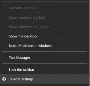 Haga clic derecho en la barra de tareas y luego seleccione Configuración de la barra de tareas