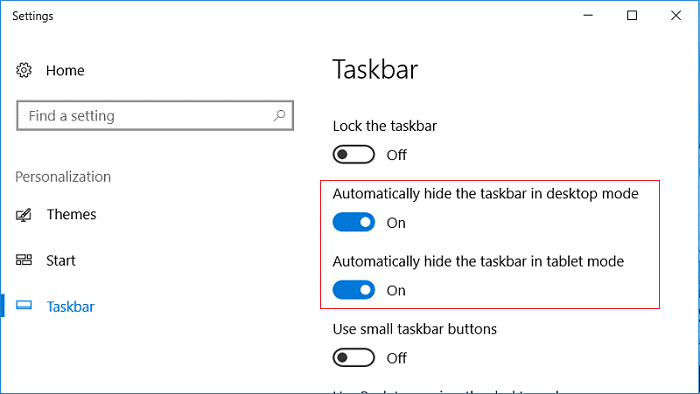 asegúrese de activar Ocultar automáticamente la barra de tareas en el modo de escritorio