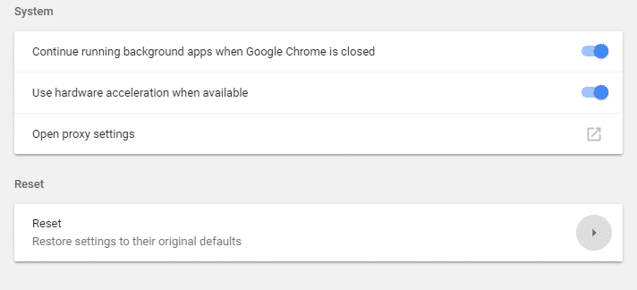 Haga clic en la columna Restablecer para restablecer la configuración de Chrome