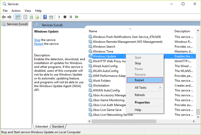 Haga clic derecho en el Servicio de actualización de Windows y seleccione Reiniciar |  Arreglar Windows 10 atascado en la preparación de opciones de seguridad
