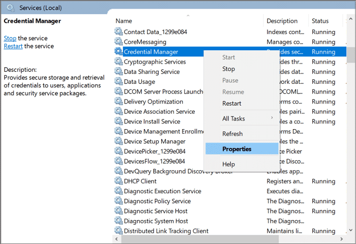 Haga clic derecho en Servicio de administrador de credenciales y luego seleccione Propiedades