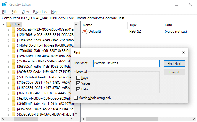 Presione Ctrl + F, luego escriba Dispositivo portátil y haga clic en Buscar siguiente