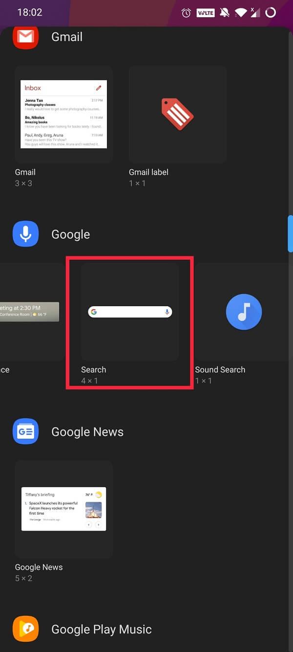 La aplicación de Google tiene bastantes widgets de pantalla de inicio asociados.