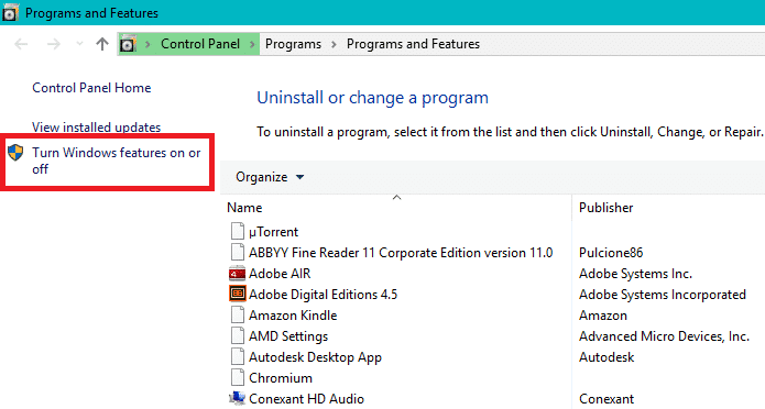 Haga clic en Activar o desactivar las características de Windows