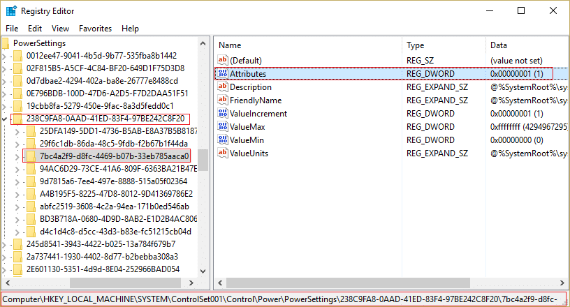 haga clic en los atributos en la configuración de energía en el Registro |  Arreglar Windows 10 Sleeps después de unos minutos de inactividad