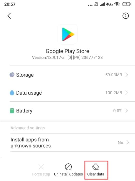 Toque en Google Play Store y luego toque en borrar datos y borrar caché |  Arreglar Android.Process.Media ha detenido el error