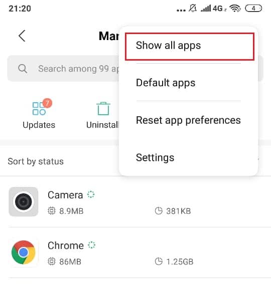 Toque el ícono del menú de tres puntos y seleccione Mostrar todas las aplicaciones |  Cómo arreglar Android.Process.Media ha detenido el error
