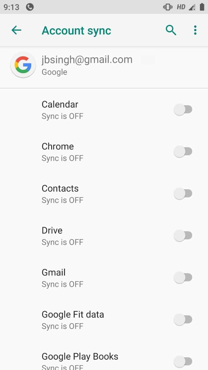 Desmarque todas las opciones de sincronización para su cuenta de Google en la configuración