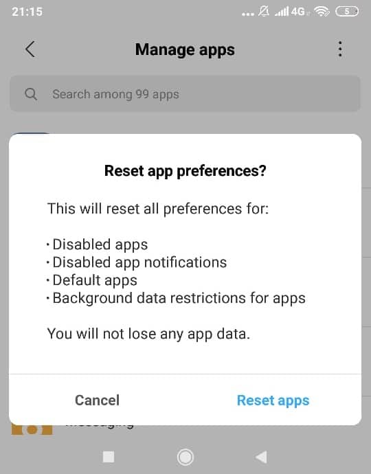 Haga clic en 'Restablecer aplicaciones' para confirmar