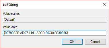 Asegúrese de configurar los datos de valor para el valor predeterminado {09799AFB-AD67-11d1-ABCD-00C04FC30936}