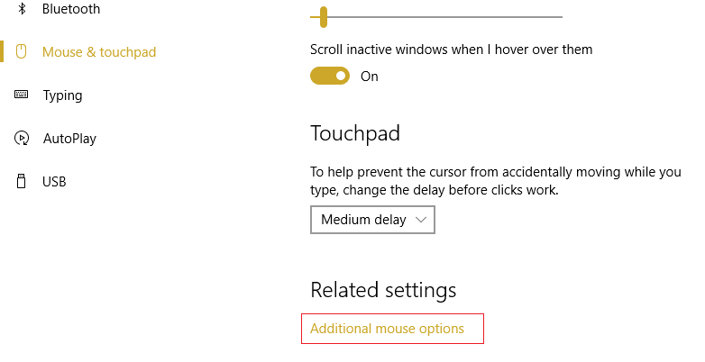 seleccione Ratón y panel táctil y luego haga clic en Opciones de ratón adicionales