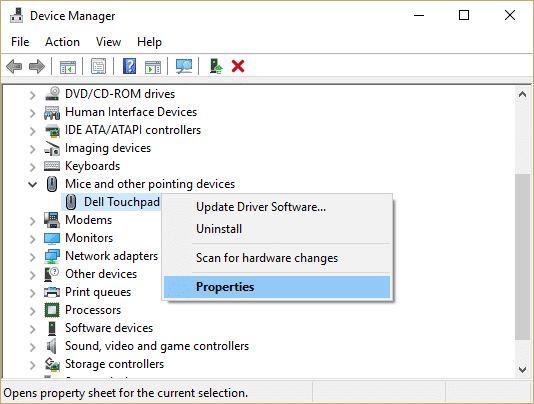Seleccione su dispositivo de mouse en mi caso, es Dell Touchpad y presione Entrar para abrir su ventana de Propiedades