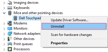haga clic derecho en su dispositivo Mouse y seleccione desinstalar