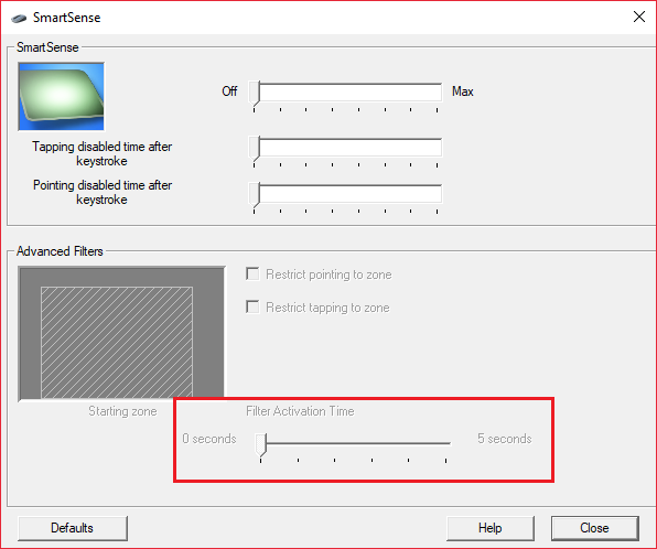 Haga clic en Avanzado y configure el control deslizante Tiempo de activación del filtro en 0