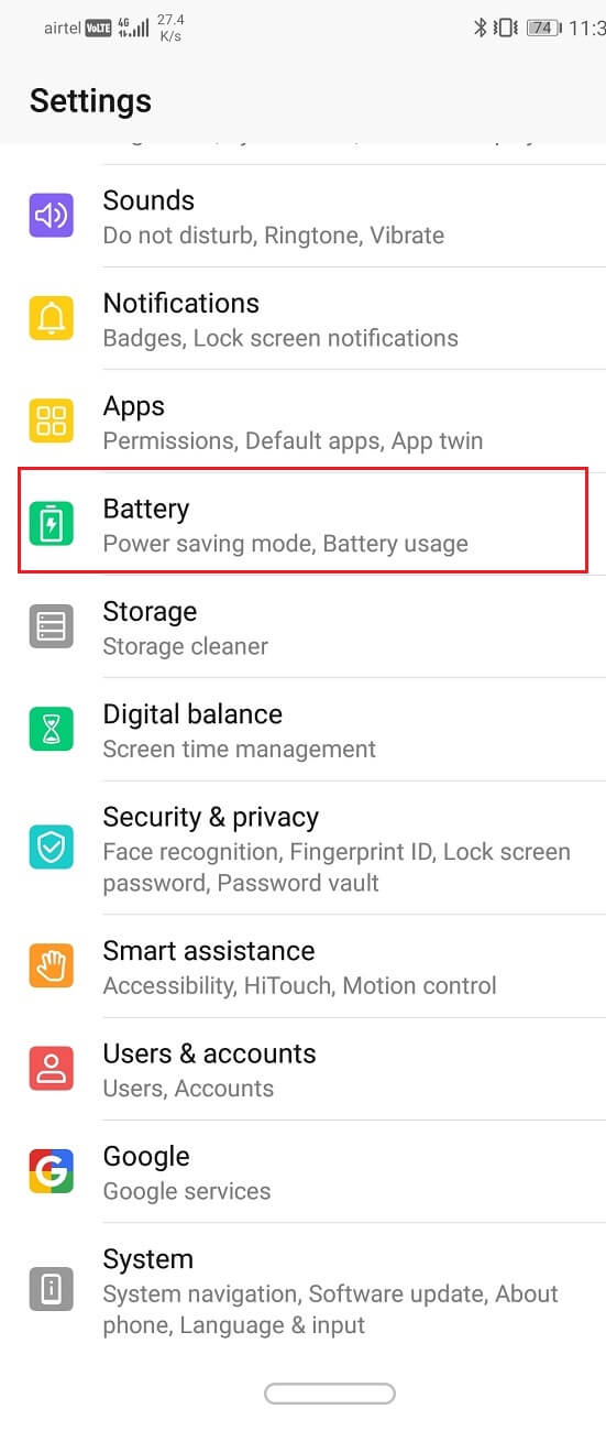 Toca la opción Batería y rendimiento |  Arreglar Wi-Fi no enciende el teléfono Android