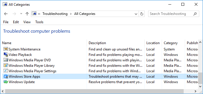 En la lista Solucionar problemas de la computadora, seleccione Aplicaciones de la Tienda Windows