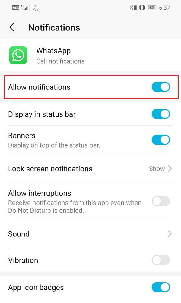 Asegúrese de que la opción Permitir notificaciones esté habilitada |  Arreglar la llamada de WhatsApp que no suena en Android