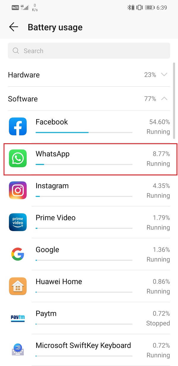 Toque WhatsApp de la lista de aplicaciones instaladas