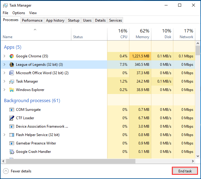 desplácese hacia abajo para ubicar los procesos de 32 bits de League of Legends, haga clic derecho sobre ellos y seleccione Finalizar tarea