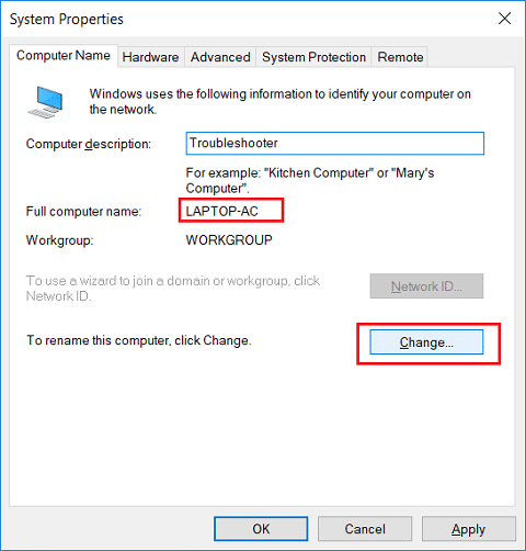 En la pestaña Nombre de la computadora, haga clic en Cambiar