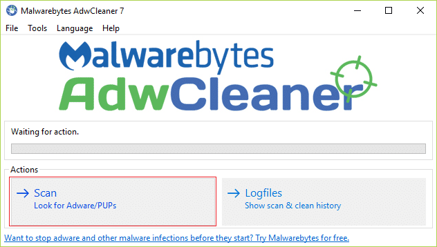 Haga clic en Escanear en Acciones en AdwCleaner 7